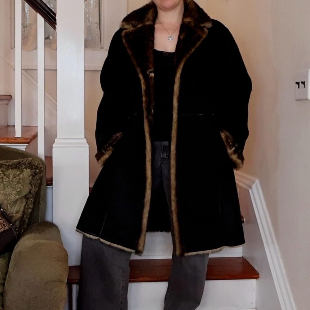 Dennis Basso Women's XL Black Brown Coat Faux Suede Fur Penny Lane Whimsigoth